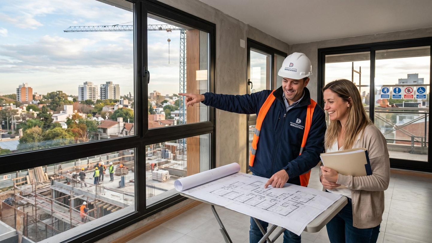 Equipo Gemma en obra revisando planos con vista panorámica de Berazategui